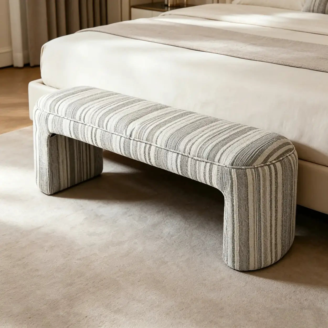 Modern Solid Wood Striped Upholstered Bedroom Accent Bench Image - 11