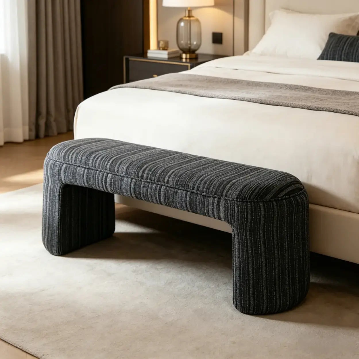 Modern Solid Wood Striped Upholstered Bedroom Accent Bench Image - 13