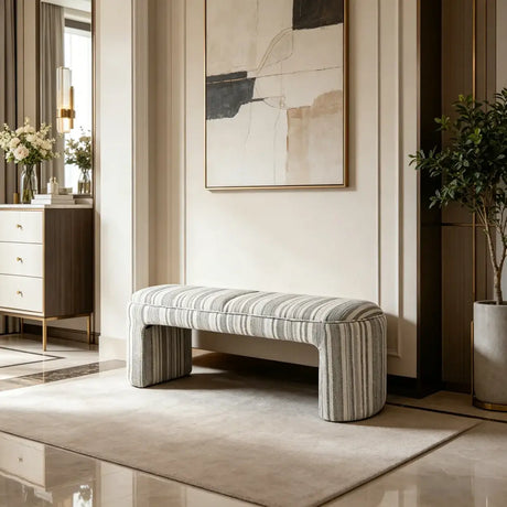 Modern Solid Wood Striped Upholstered Bedroom Accent Bench Image - 2