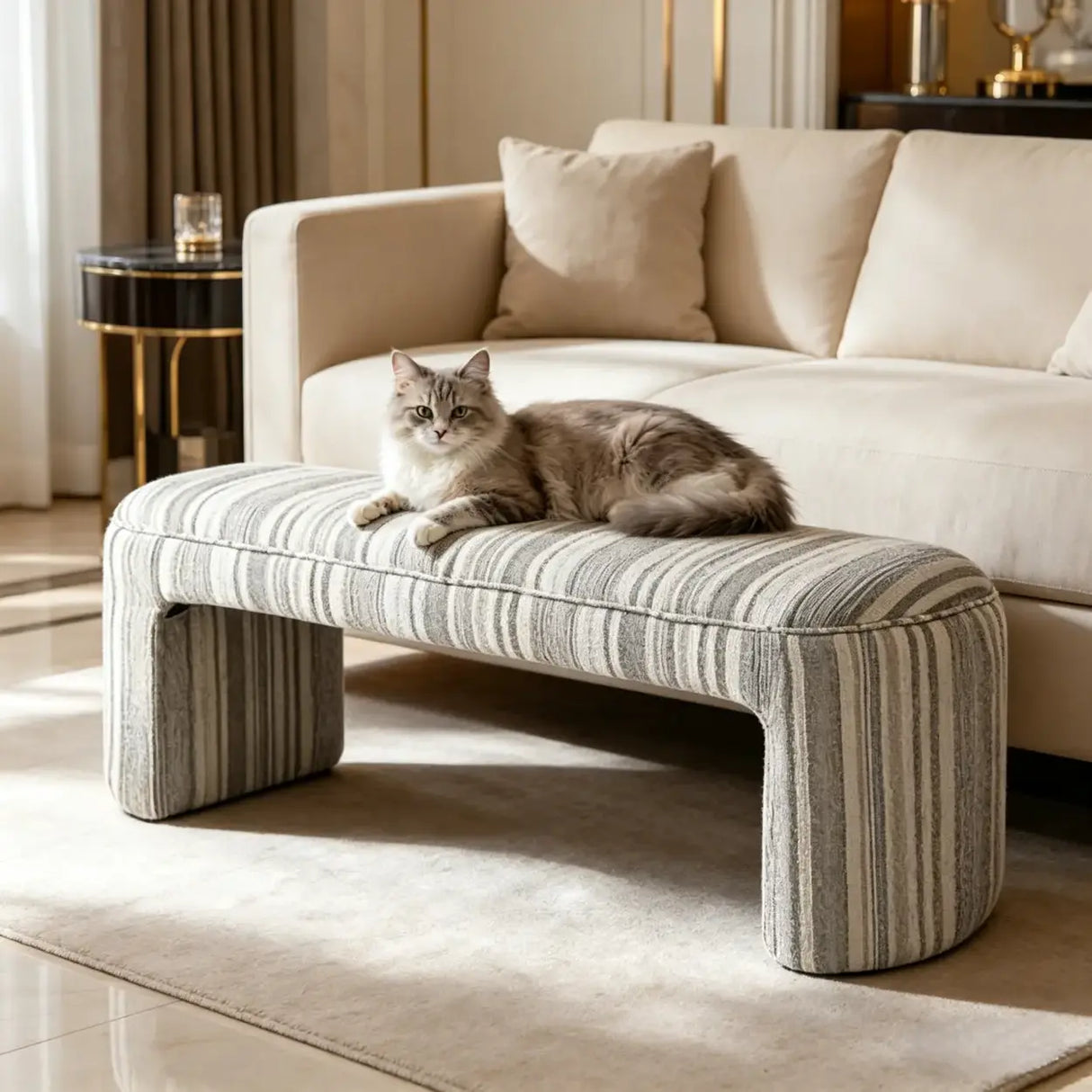 Modern Solid Wood Striped Upholstered Bedroom Accent Bench Image - 4