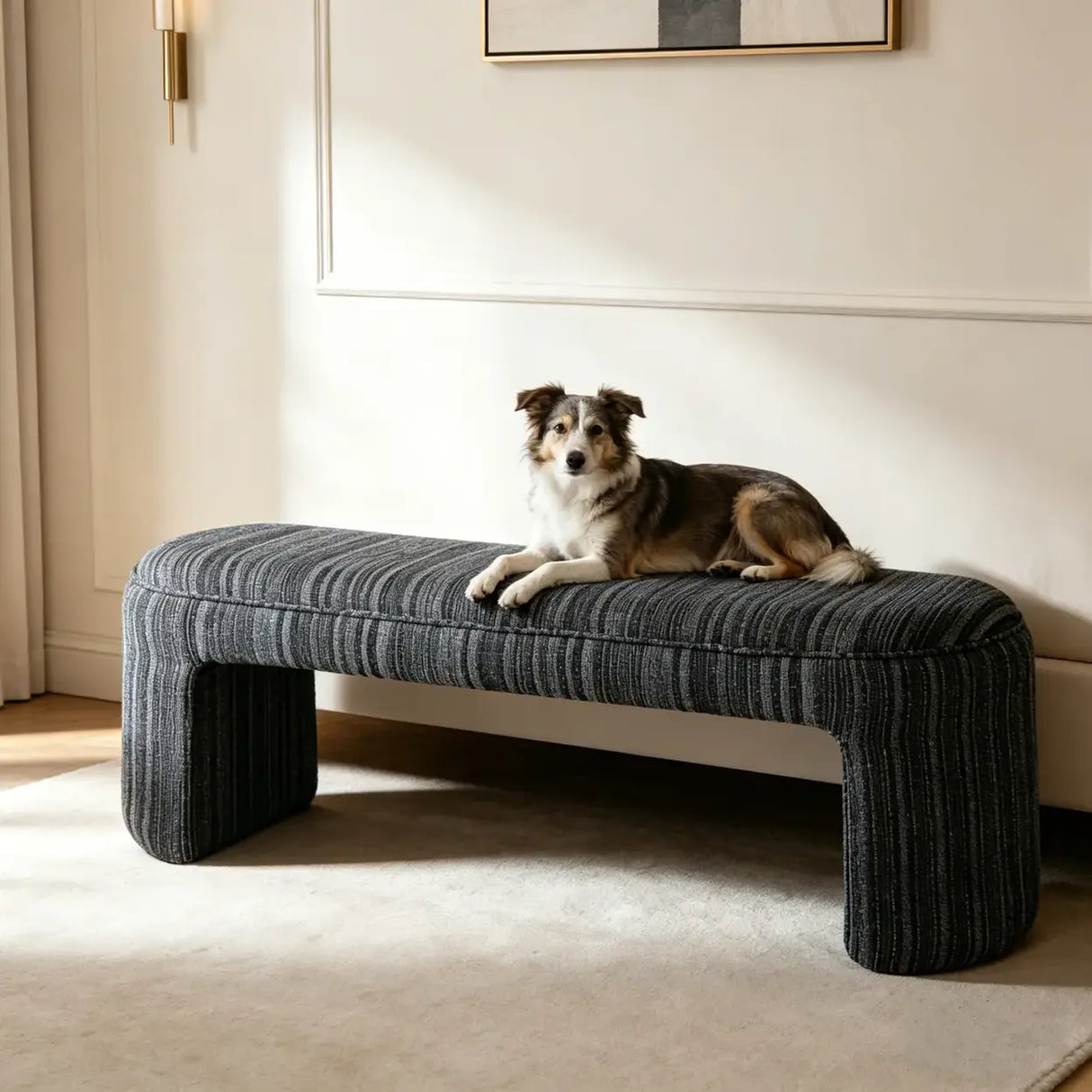 Modern Solid Wood Striped Upholstered Bedroom Accent Bench Image - 5