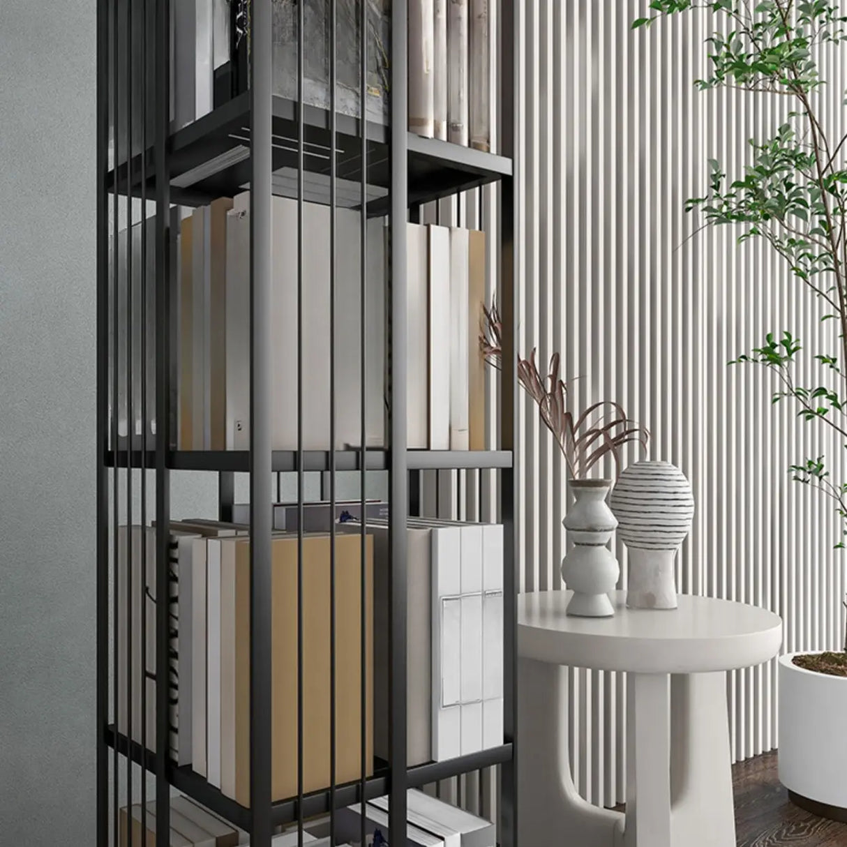 Modern Square Alloy Vertical Sliding Storage Bookcase Image - 14