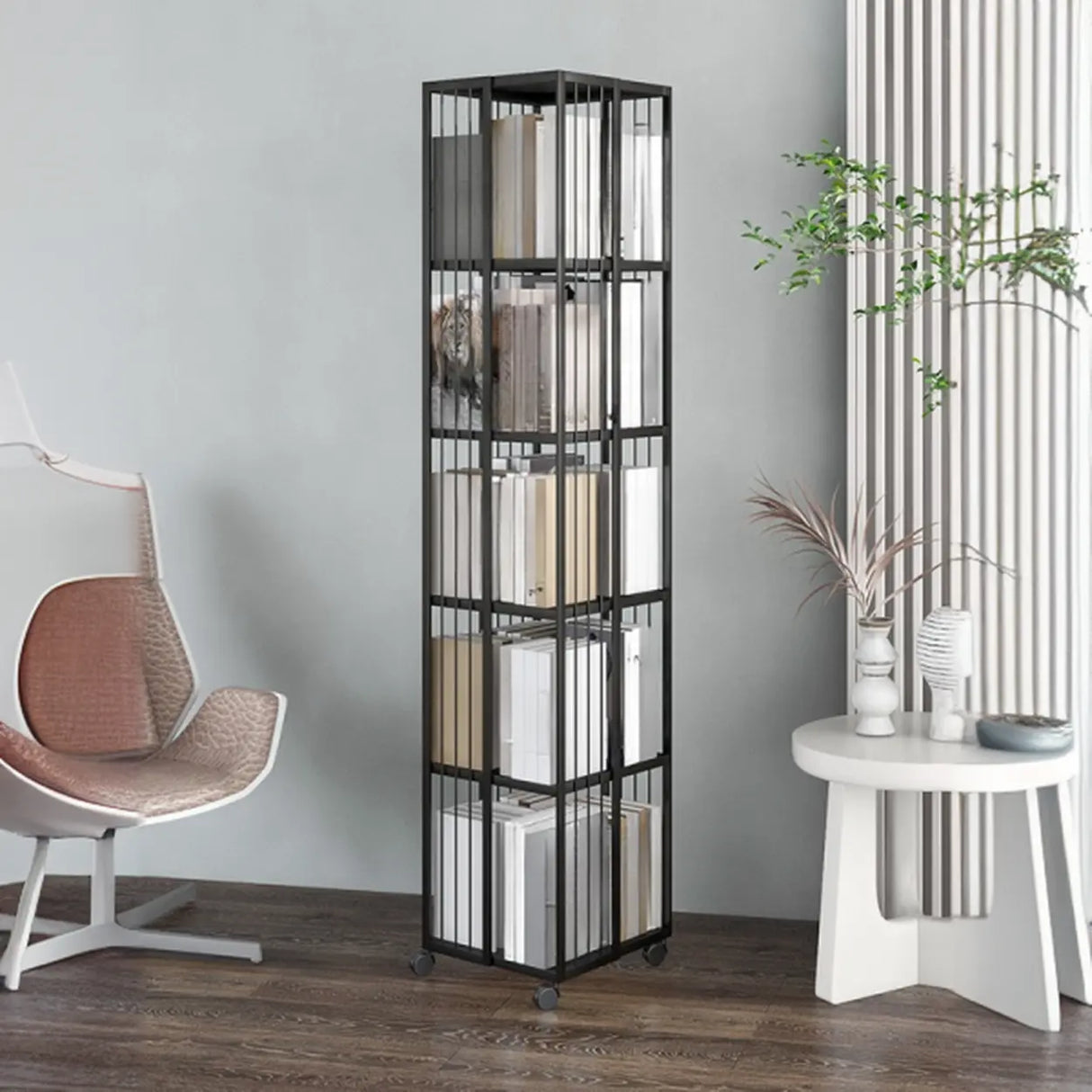 Modern Square Alloy Vertical Sliding Storage Bookcase Image - 6