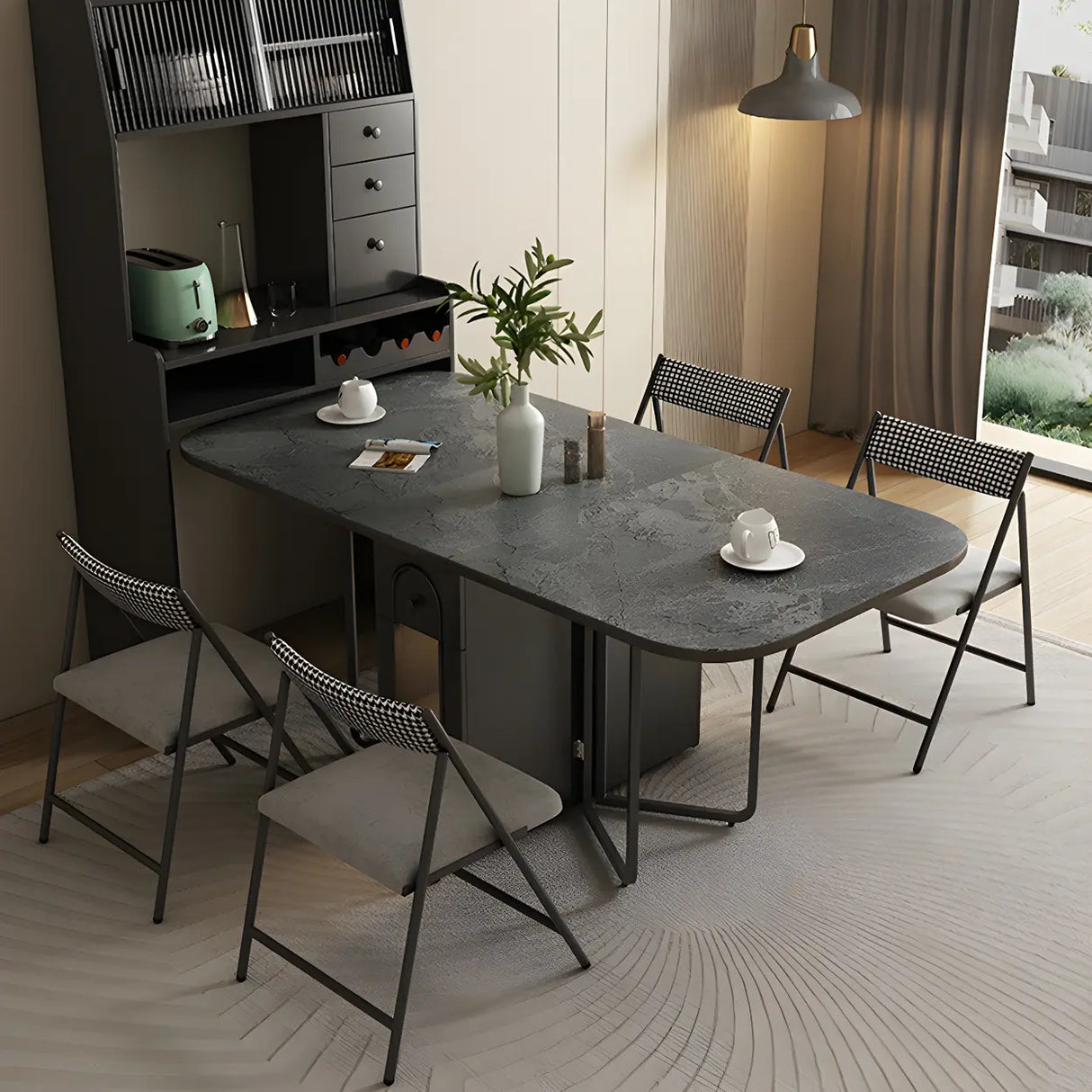 Modern Square Faux Marble Dining Table Storage White Image - 2