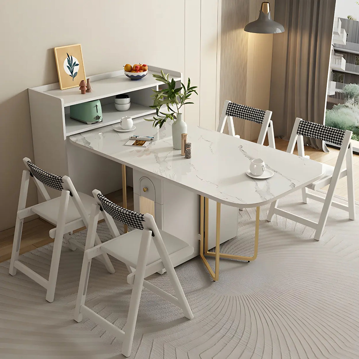 Modern Square Faux Marble Dining Table Storage White Image - 3