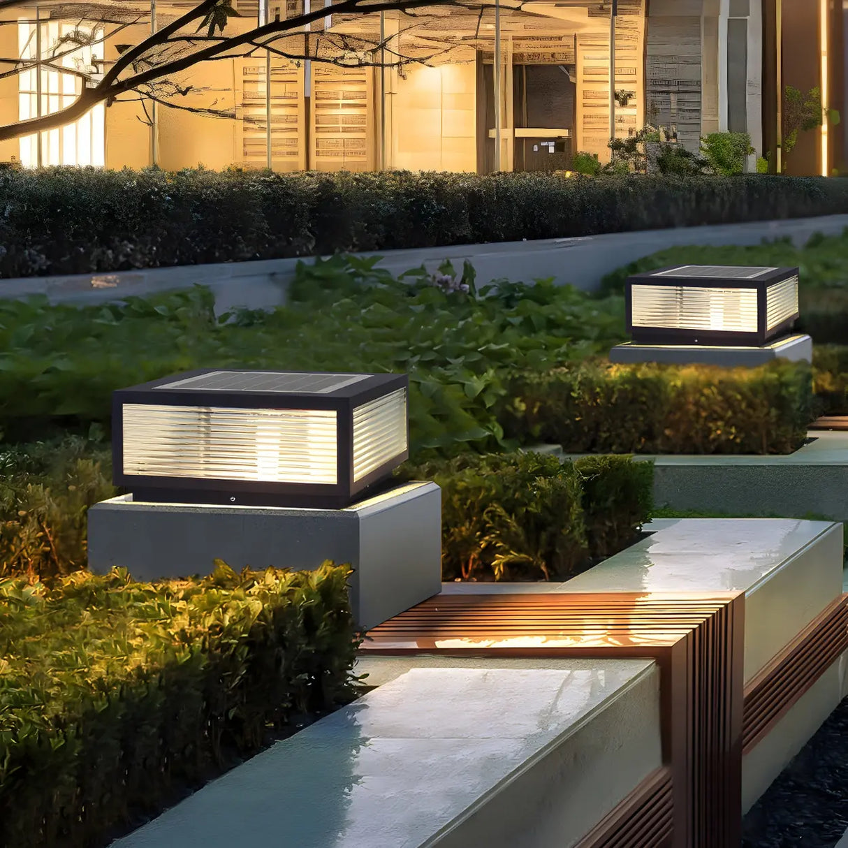 Modern Square Glass Outdoor Patio Post Light Black Image - 1