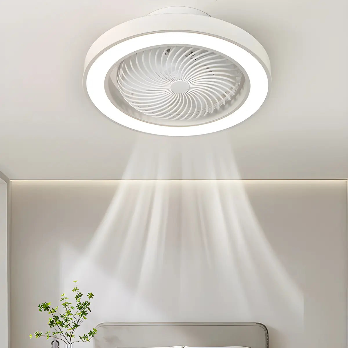 White Flush Simple Bladeless Ceiling Fan with Light Image - 24