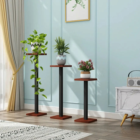 Modern Square Wood Pedestal Base Black-Red Plant Stand Image - 1