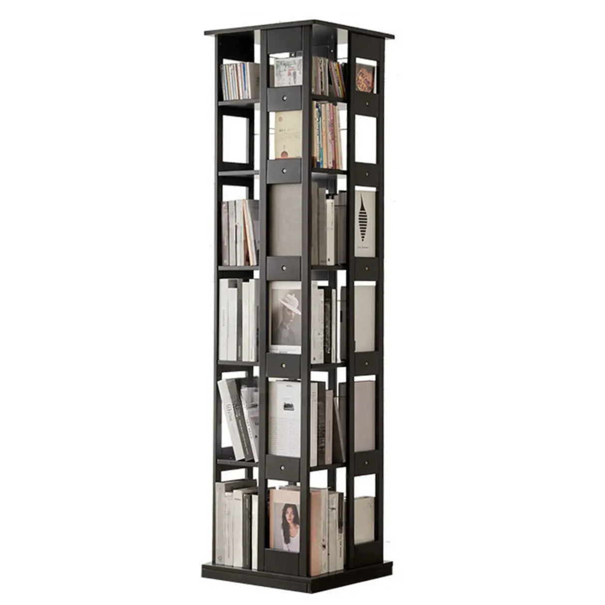 Modern Square Wood Vertical Open Brown Sliding Bookcase Image - 16