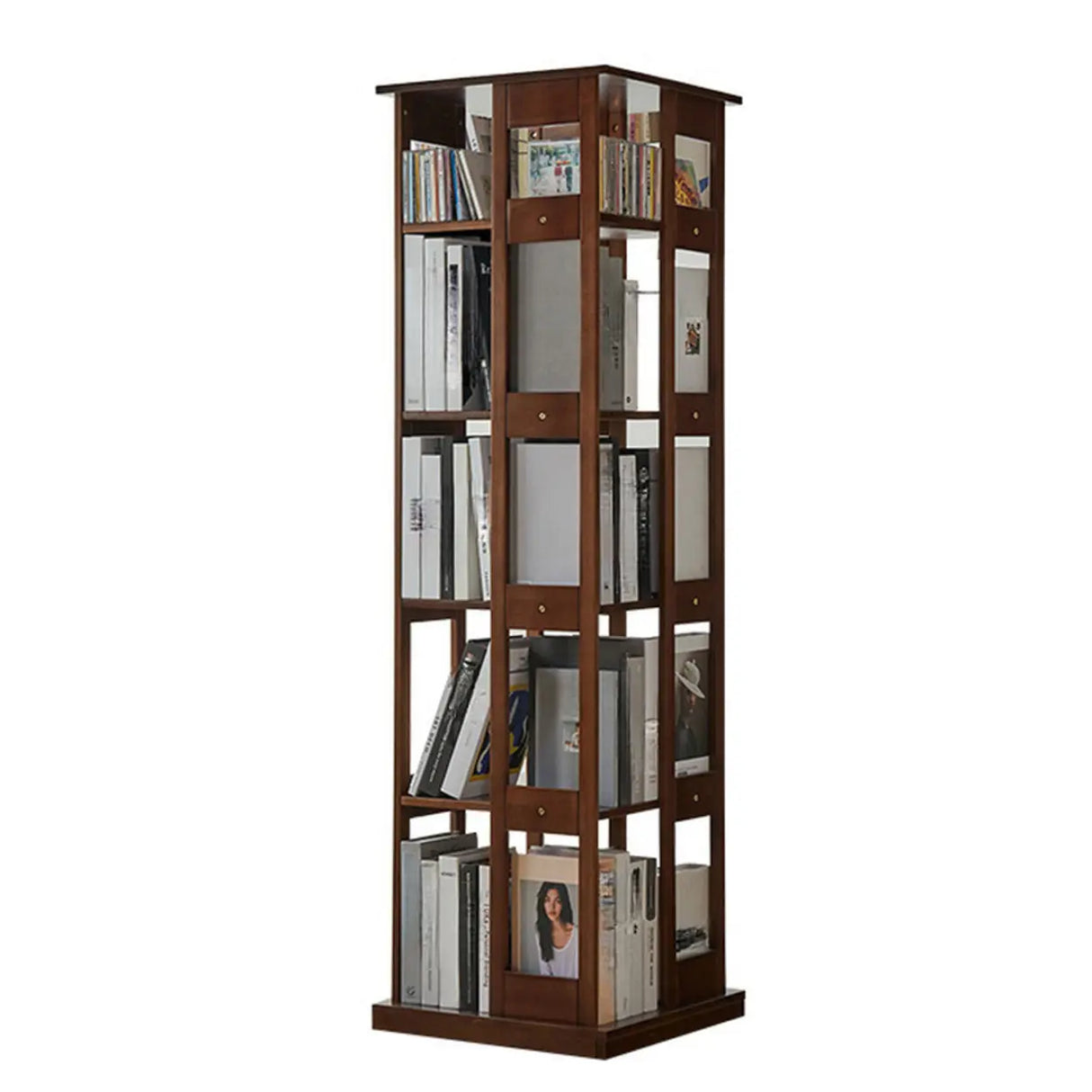 Modern Square Wood Vertical Open Brown Sliding Bookcase Image - 6