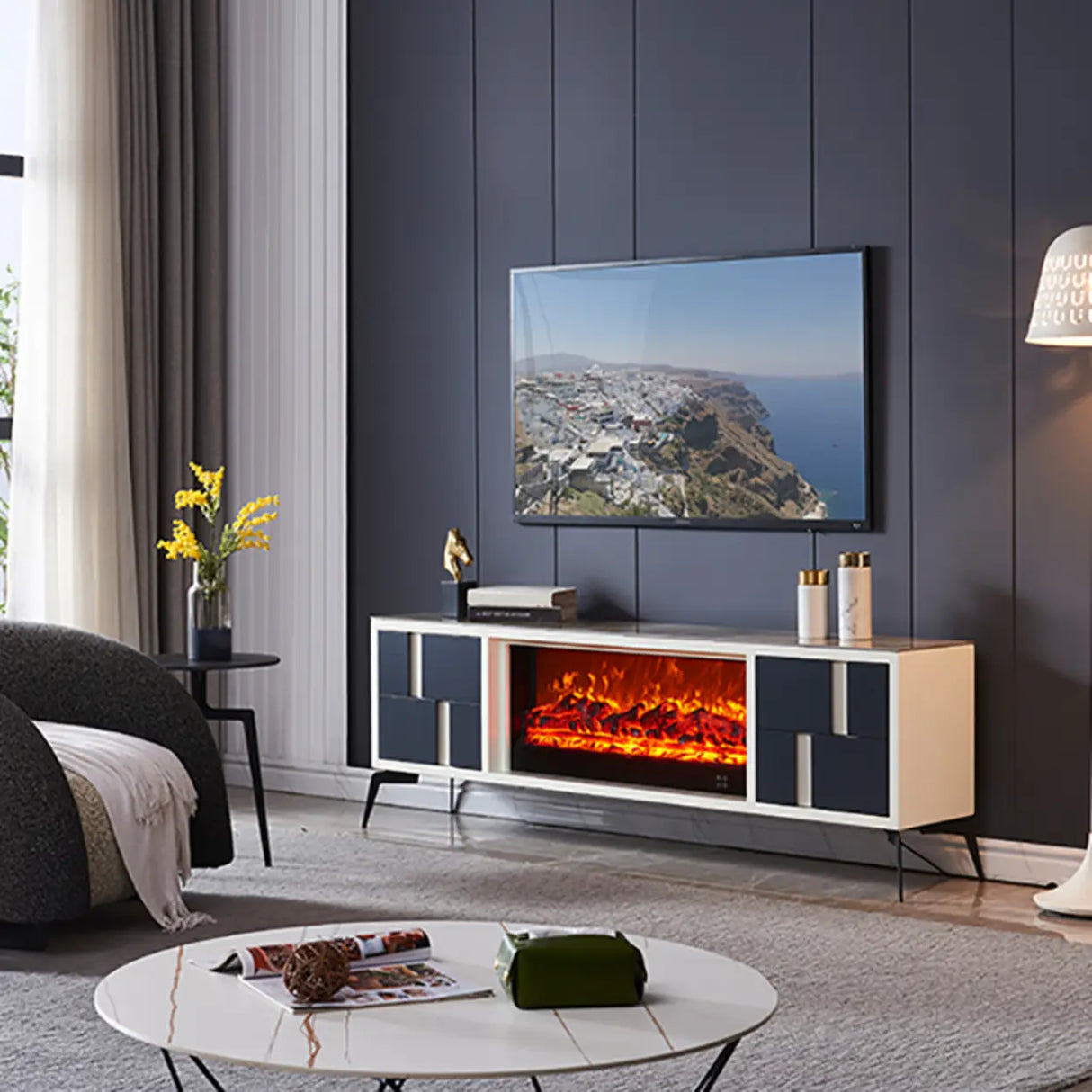 Modern Stone TV Stand with Built-In Fireplace Lighting Image - 5