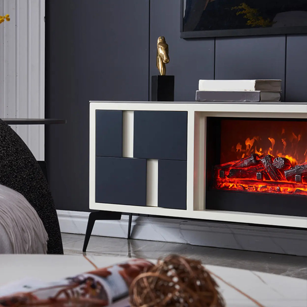 Modern Stone TV Stand with Built-In Fireplace Lighting Image - 7