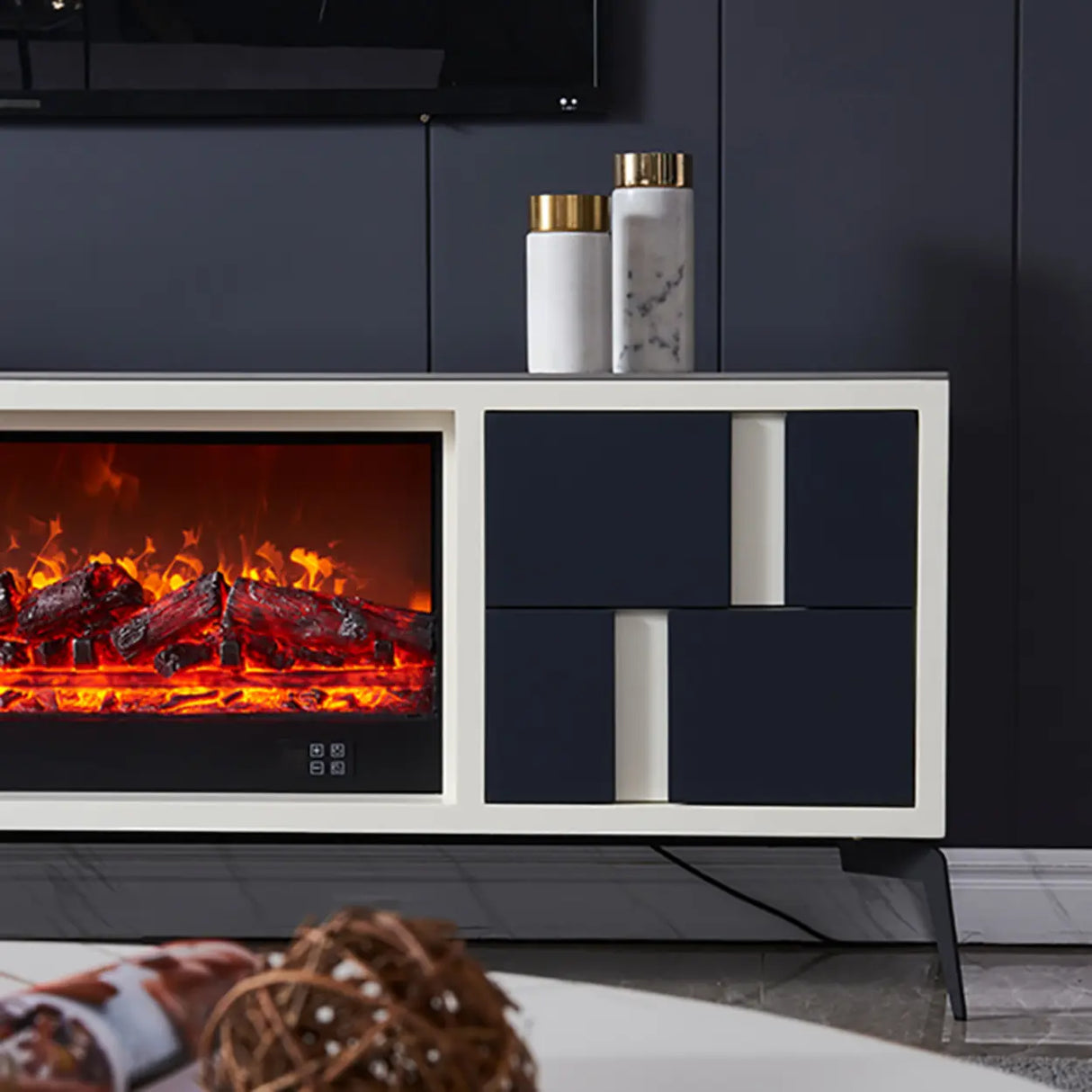 Modern Stone TV Stand with Built-In Fireplace Lighting Image - 8