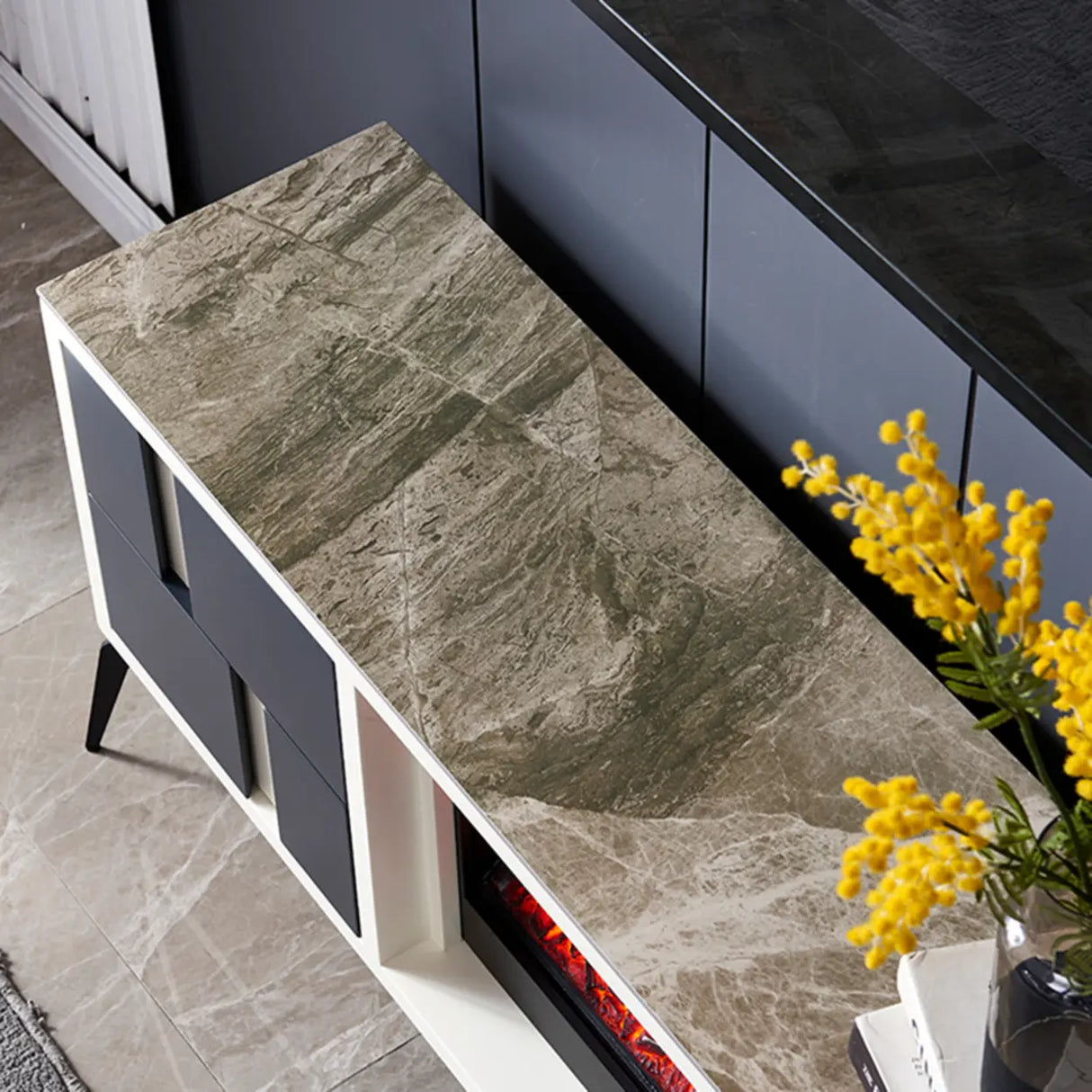 Modern Stone TV Stand with Built-In Fireplace Lighting Image - 9