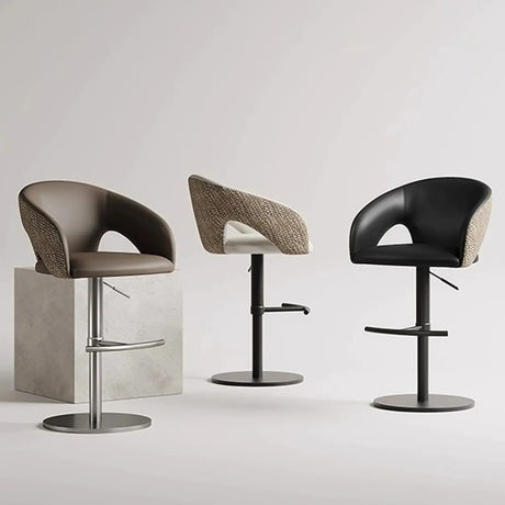 Modern Swivel Adjustable Brown Leather Bucket Back Bar Stool Image - 1