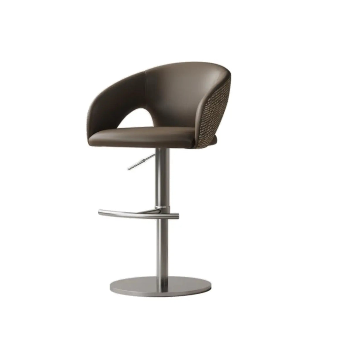 Modern Swivel Adjustable Brown Leather Bucket Back Bar Stool Image - 2