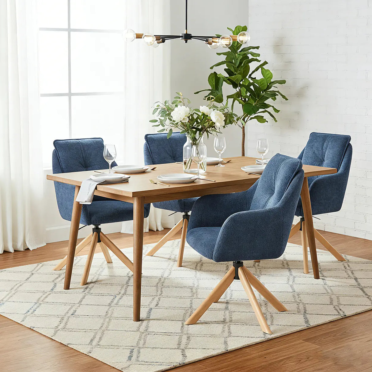 Modern Swivel Blue Fleece Upholstered Curved Back Dining Chair Image - 2