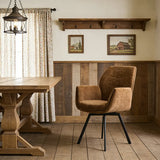 Modern Swivel Curved Back Brown Chenille Arm Dining Chairs Image - 1