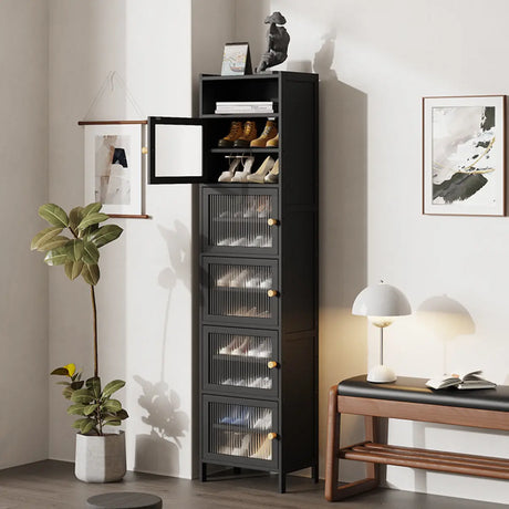 Modern Tall Bamboo Black Entryway Shoe Storage Cabinet Image - 1
