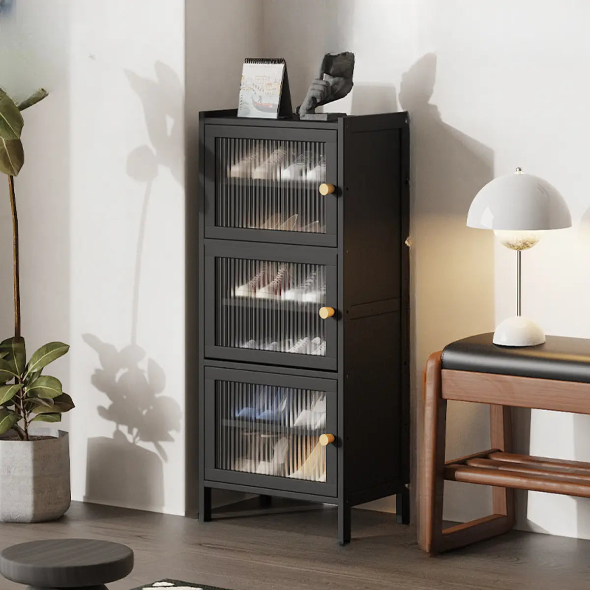 Modern Tall Bamboo Black Entryway Shoe Storage Cabinet Image - 12