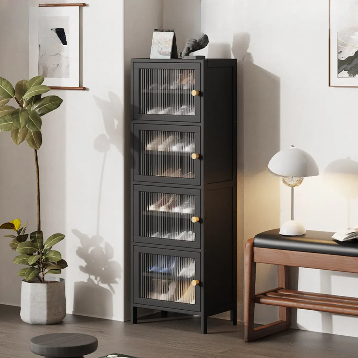 Modern Tall Bamboo Black Entryway Shoe Storage Cabinet Image - 13