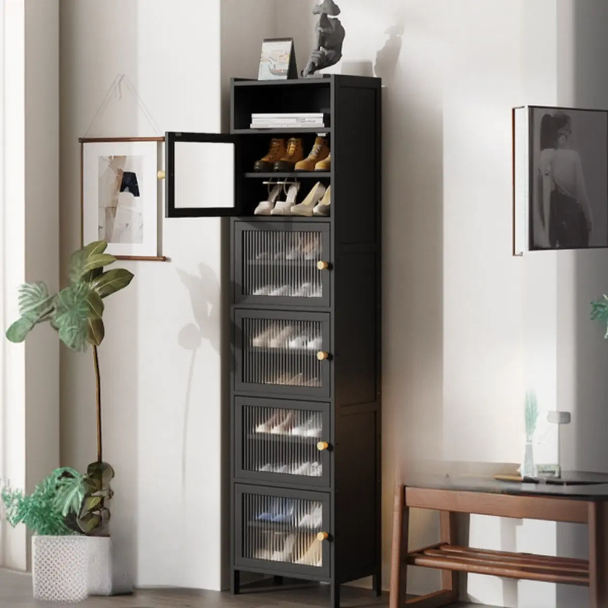 Modern Tall Bamboo Black Entryway Shoe Storage Cabinet Image - 3