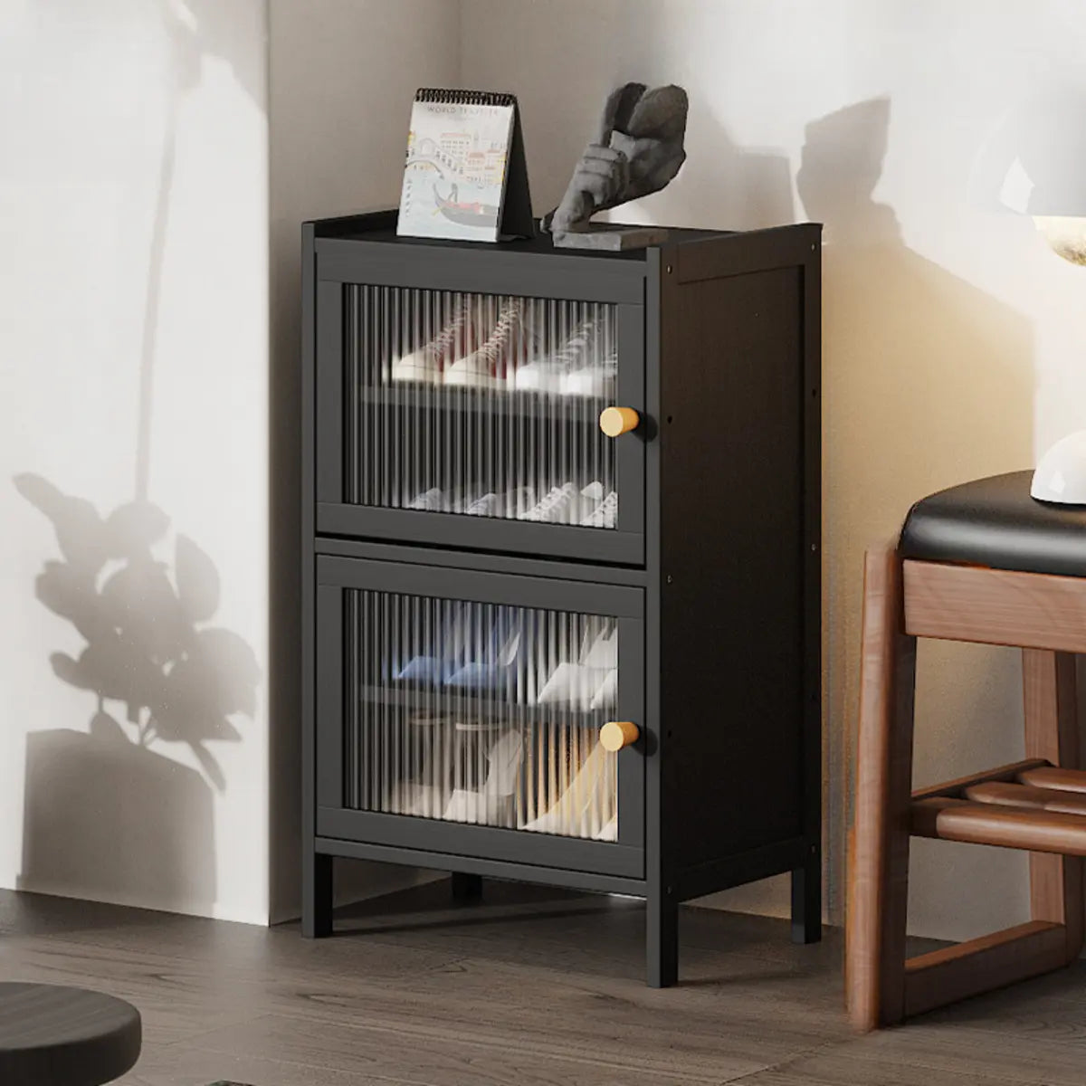 Modern Tall Bamboo Black Entryway Shoe Storage Cabinet Image - 6