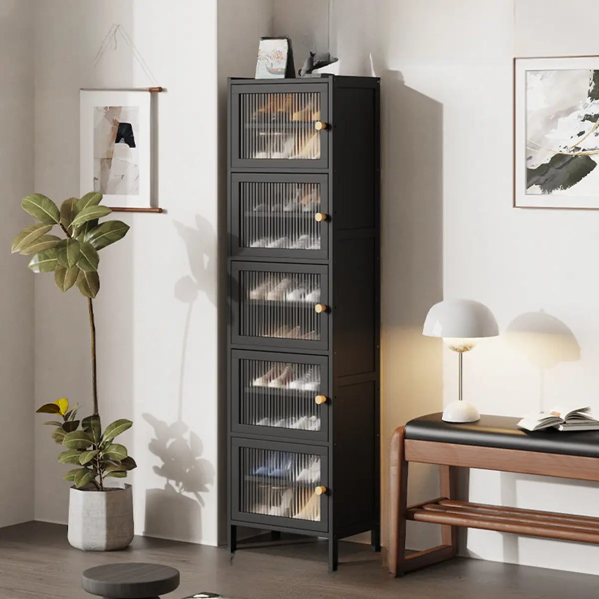 Modern Tall Bamboo Black Entryway Shoe Storage Cabinet Image - 7