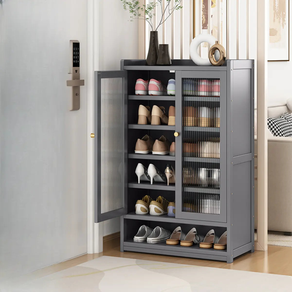 Modern Tall Metal Shoe Cabinet Entryway Grey Adjustable Image - 13