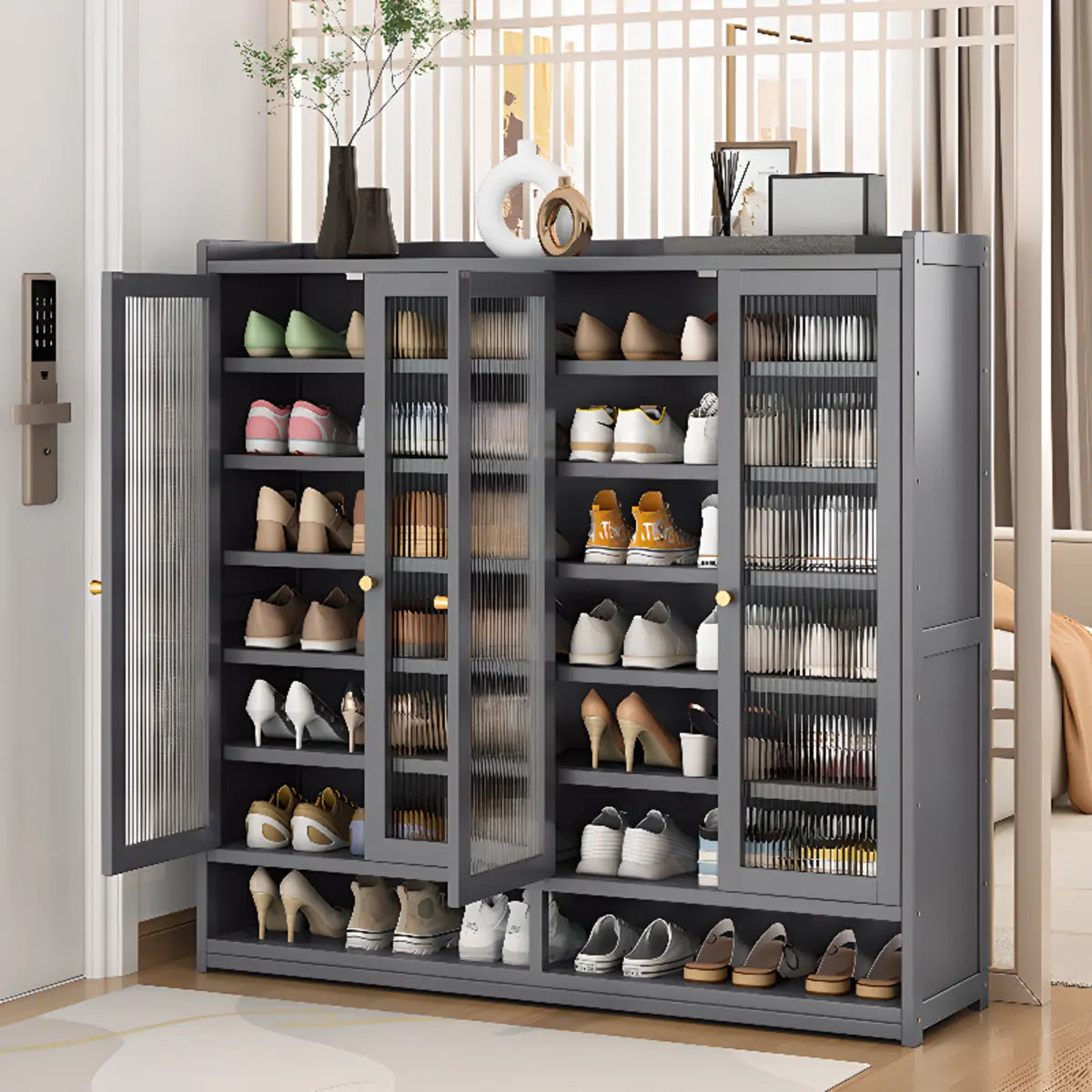 Modern Tall Metal Shoe Cabinet Entryway Grey Adjustable Image - 14