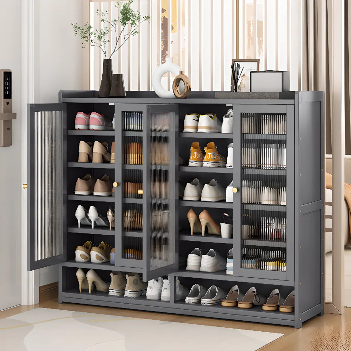 Modern Tall Metal Shoe Cabinet Entryway Grey Adjustable Image - 15