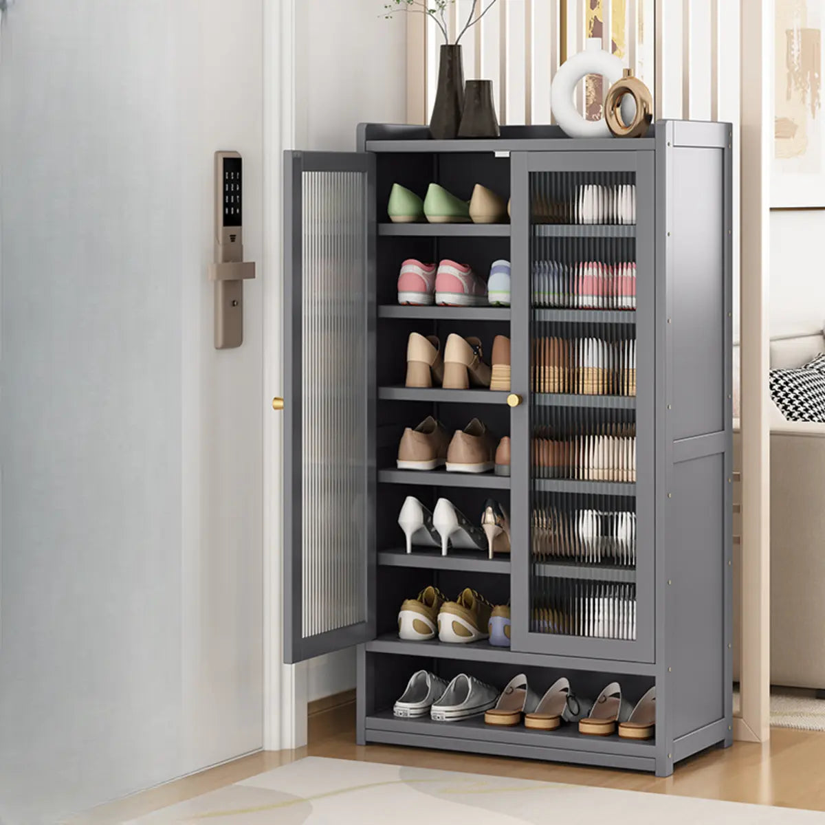 Modern Tall Metal Shoe Cabinet Entryway Grey Adjustable Image - 16