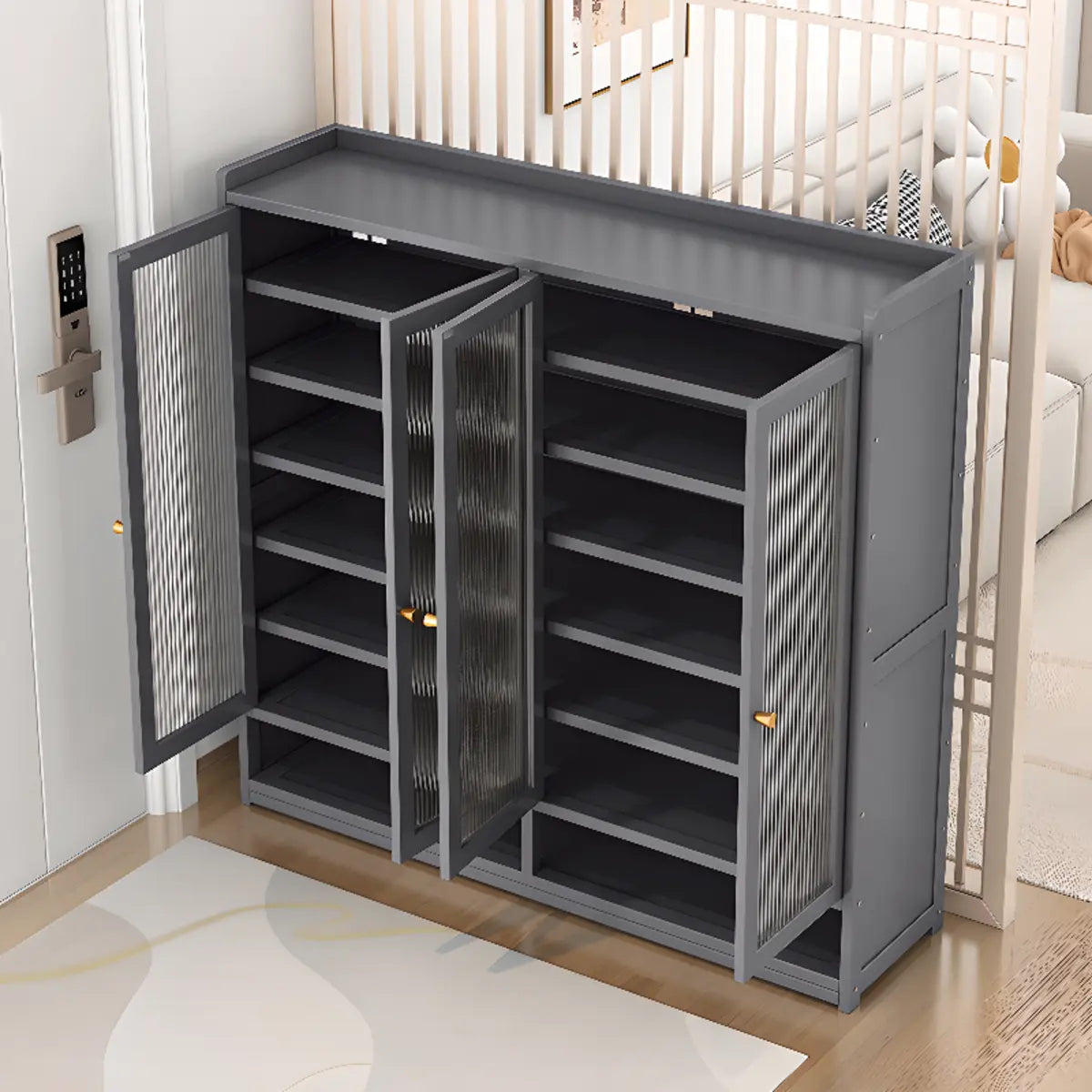 Modern Tall Metal Shoe Cabinet Entryway Grey Adjustable Image - 17