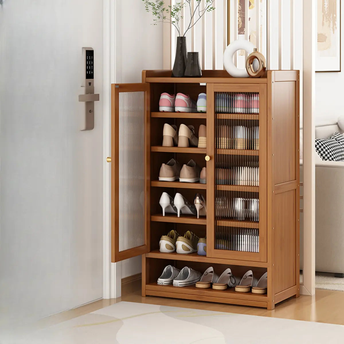 Modern Tall Metal Shoe Cabinet Entryway Grey Adjustable Image - 3