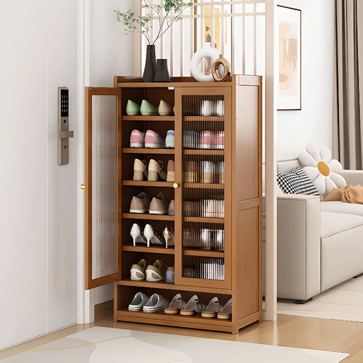 Modern Tall Metal Shoe Cabinet Entryway Grey Adjustable Image - 4