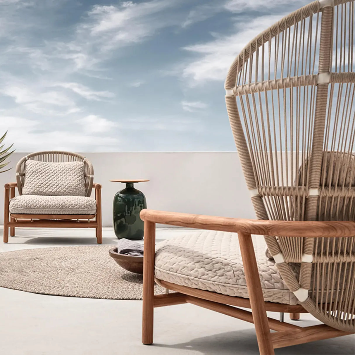 Modern Teak Wicker Grey Waterproof Upholstered Patio Sofa Image - 8
