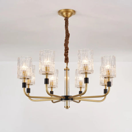 Modern Textured Glass Cylinder Shade Brass Branch Chandelier Image - 2