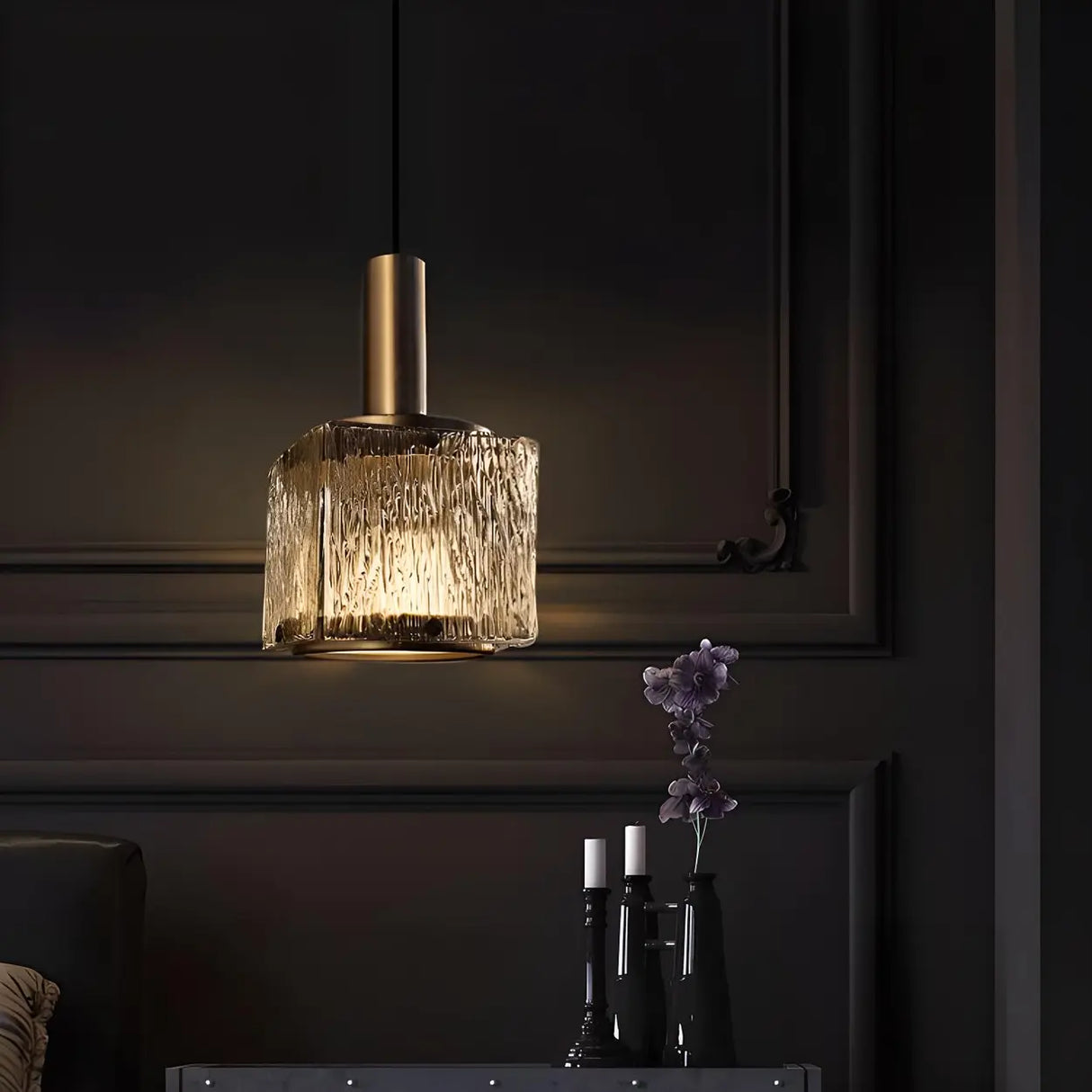 Modern Textured Glass Square Crystal Bedroom Pendant Light Image - 2
