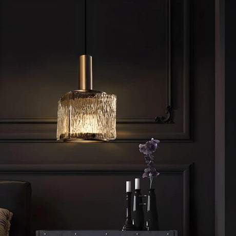 Modern Textured Glass Square Crystal Bedroom Pendant Light Image - 2