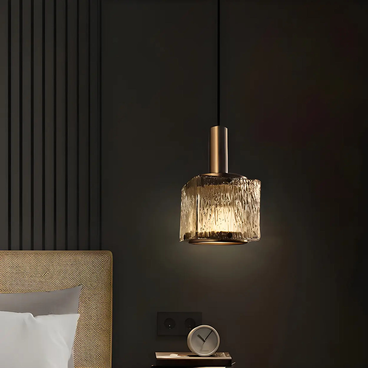 Modern Textured Glass Square Crystal Bedroom Pendant Light Image - 3
