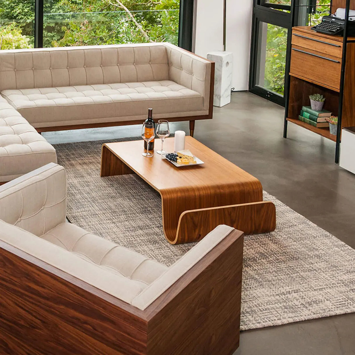 Modern Unique Curved Wood Integrated Coffee Table Image - 4