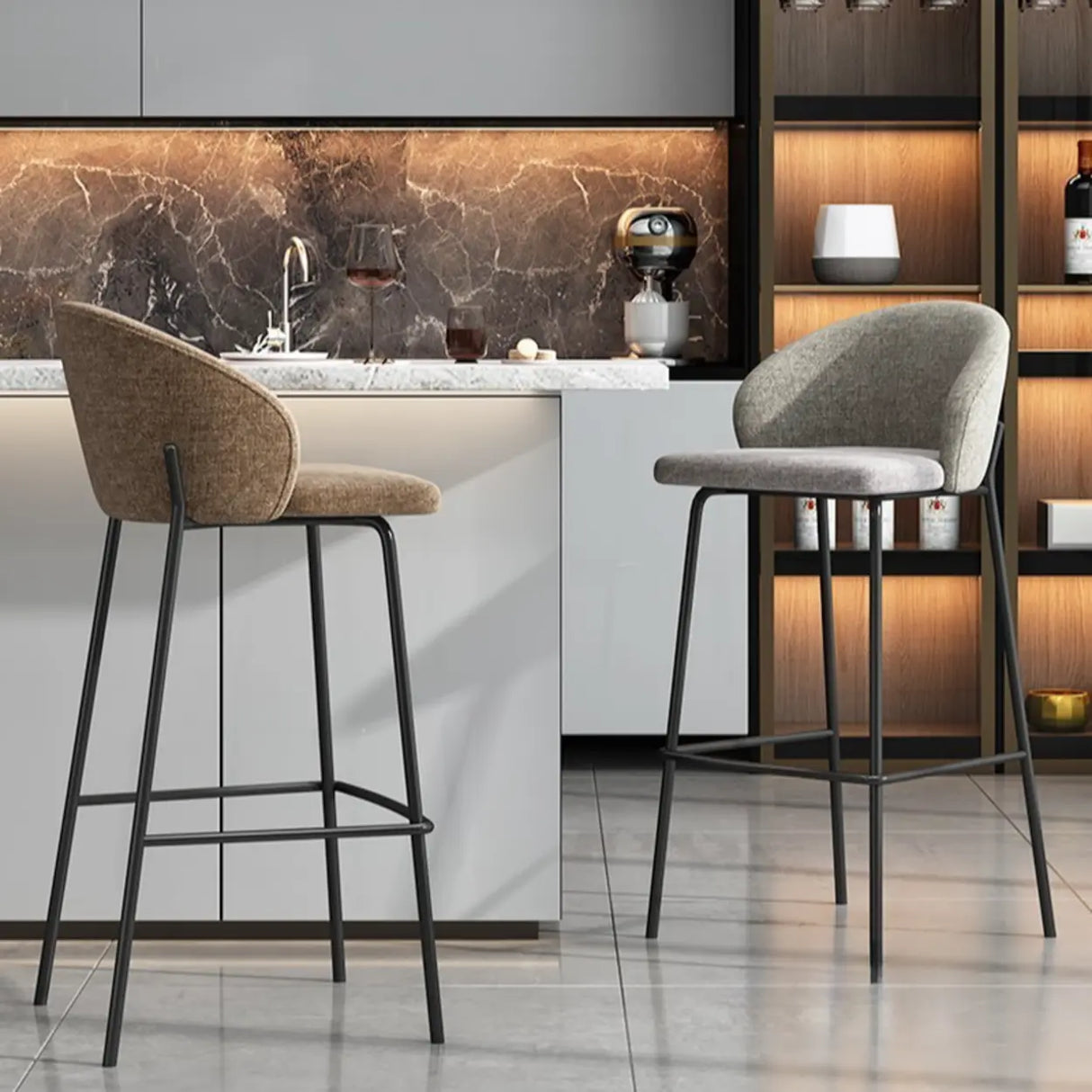 Modern Upholstered Low Back Bar Stool with Metal Frame Image - 5