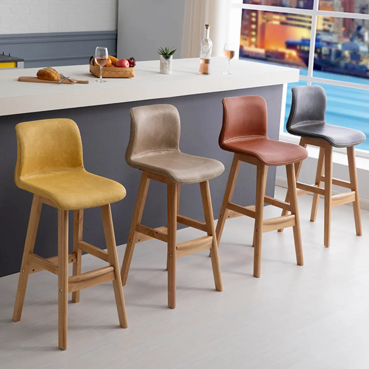 Modern Upholstered Low Back Bucket Bar Stool with Footrest Image - 4