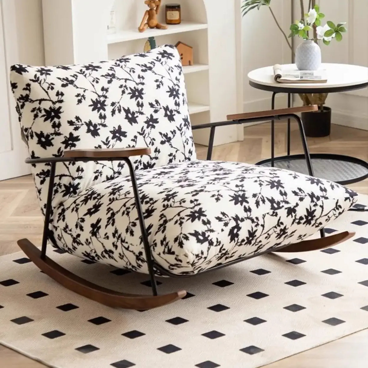 Modern Upholstered Metal Frame Rubber Wood Sled Rocking Chair Image - 5