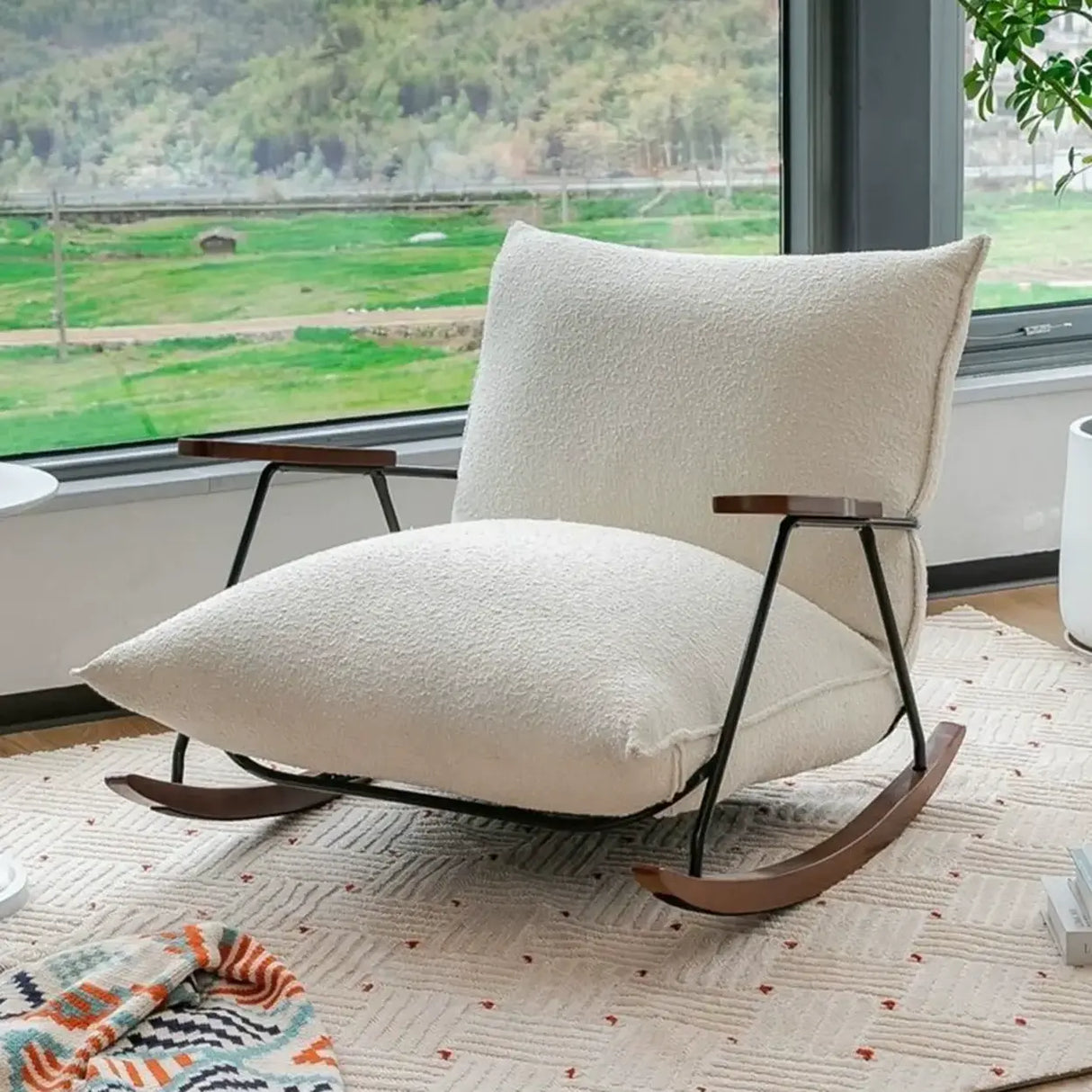 Modern Upholstered Metal Frame Rubber Wood Sled Rocking Chair Image - 6