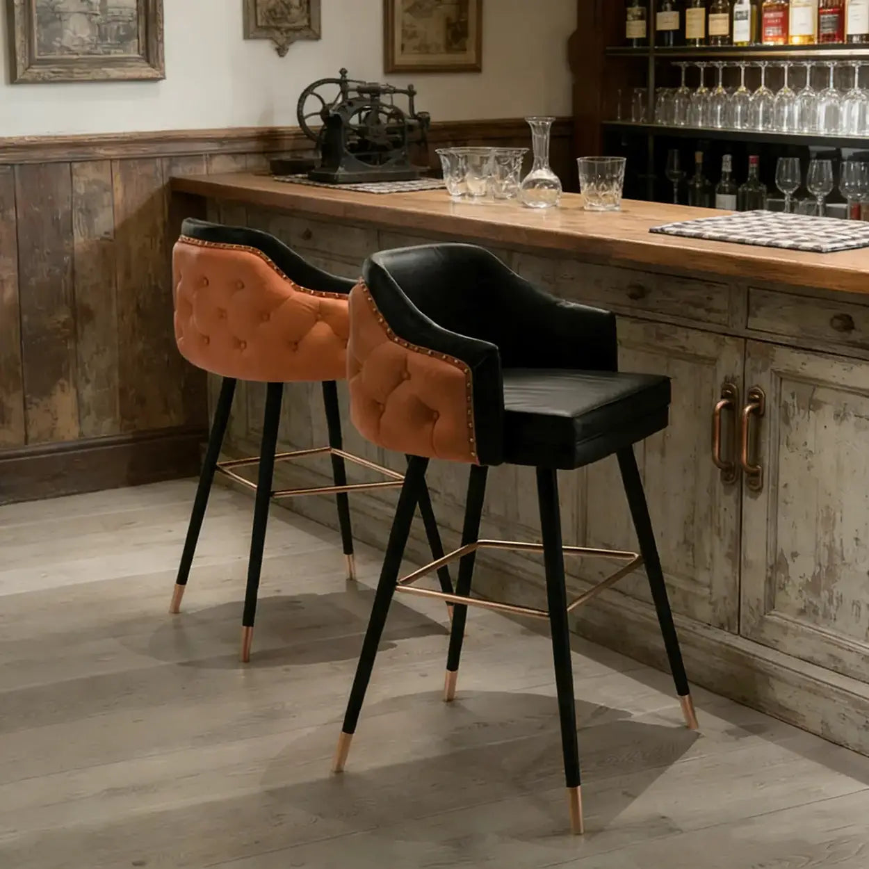 Modern Upholstered Tufted Faux Leather Counter Bar Stool Image - 1