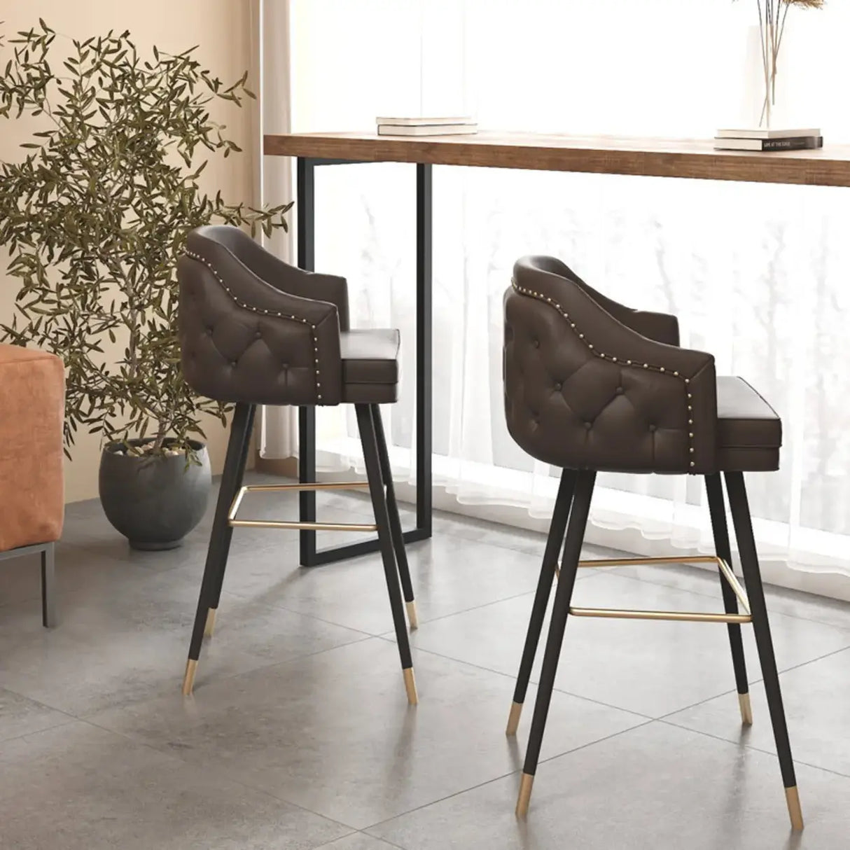 Modern Upholstered Tufted Faux Leather Counter Bar Stool Image - 7