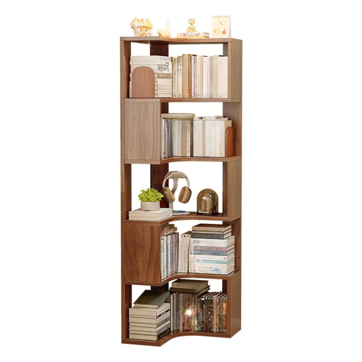 Modern Vertical Corner Natural Wood Display Bookcase Image - 5
