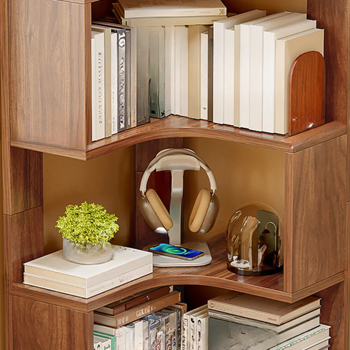 Modern Vertical Corner Natural Wood Display Bookcase Image - 6