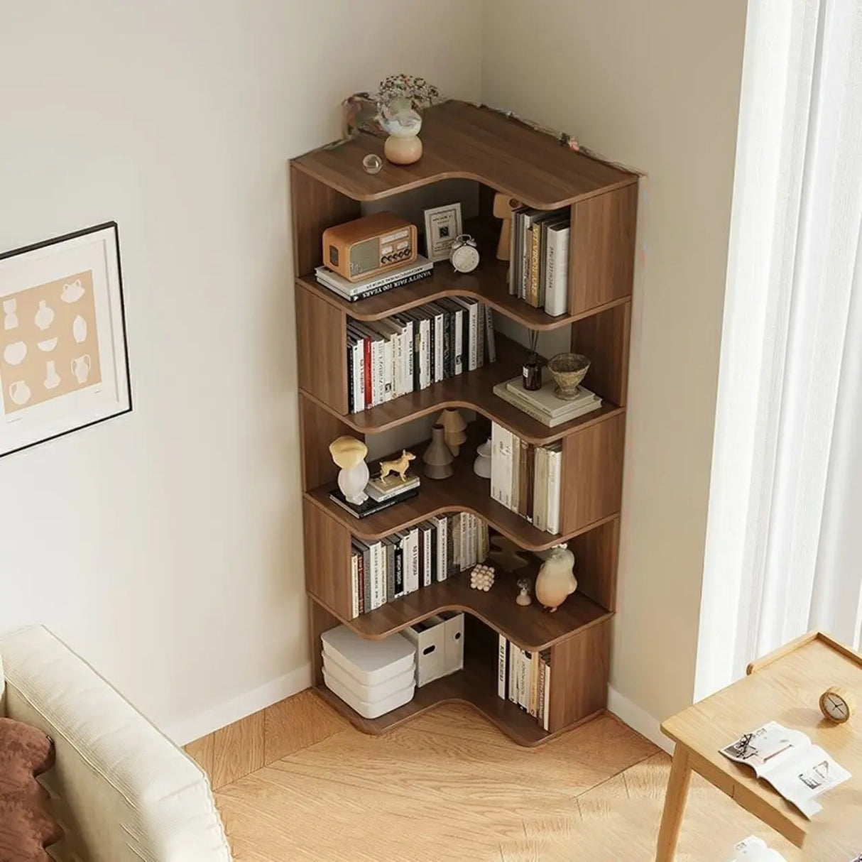 Modern Vertical Corner Storage Open Back Wood Bookcase Image - 10
